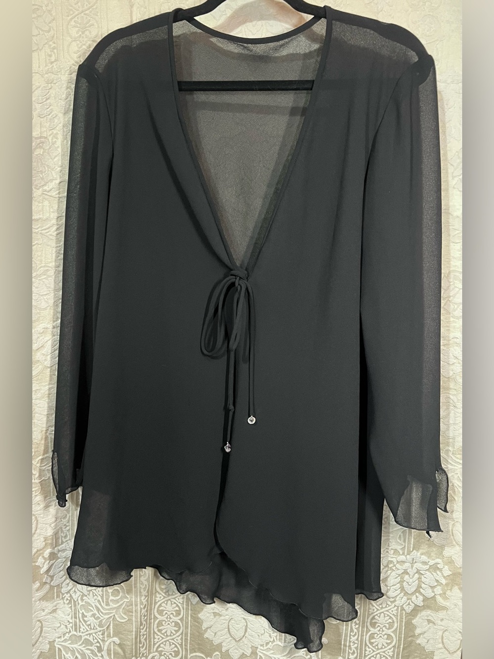 Black Sheer Chiffon Tie Front Shrug Cardigan Beaded Trim Women’s 16